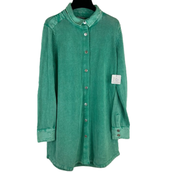 PBJ Blues Tops - NEW PBJ Blues Acid Washed Green Denim Trim Snap Front Sweater Tunic Size Large